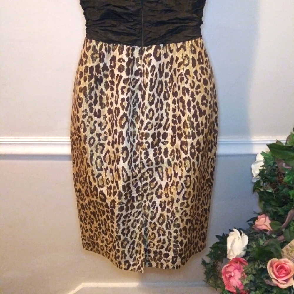 Vintage 90's Nicole Bakti Sexy Leopard Print Silk Brocade Cocktail Dress - Picture 7 of 12